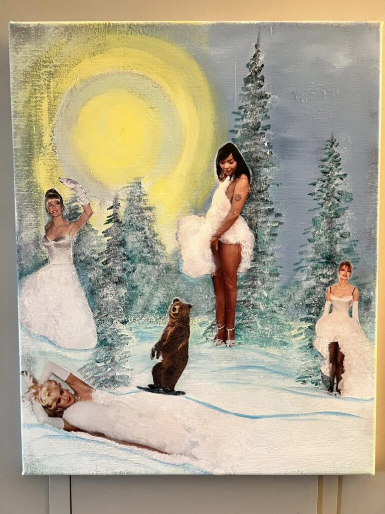 Acrylic and collage, titled, "Bare Snow Day"