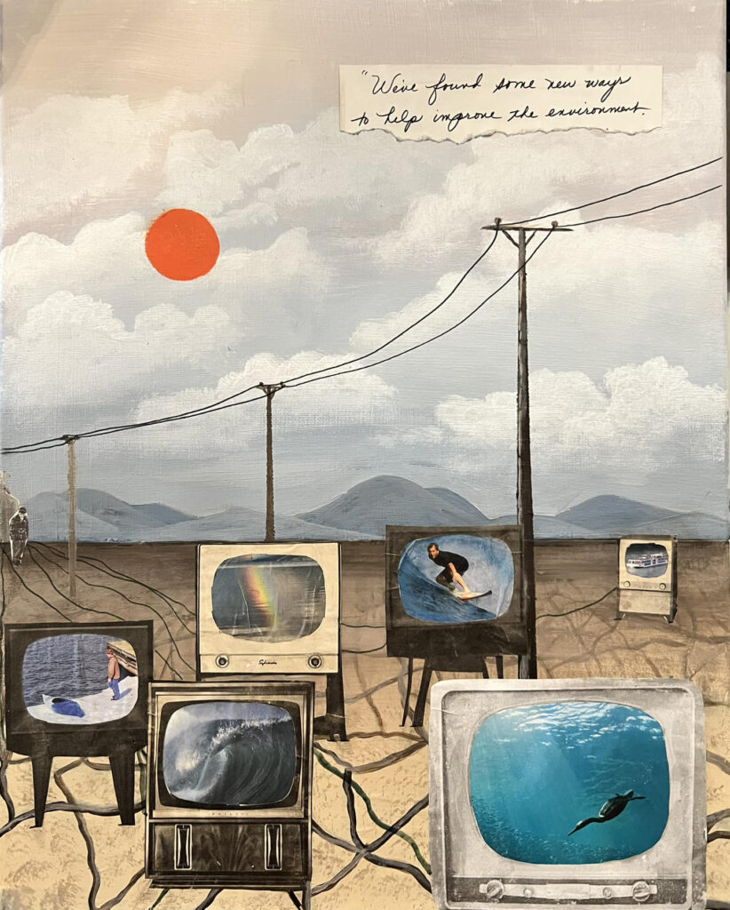 Mixed media collage and acrylic paint of television sets in desert with water scenes on them