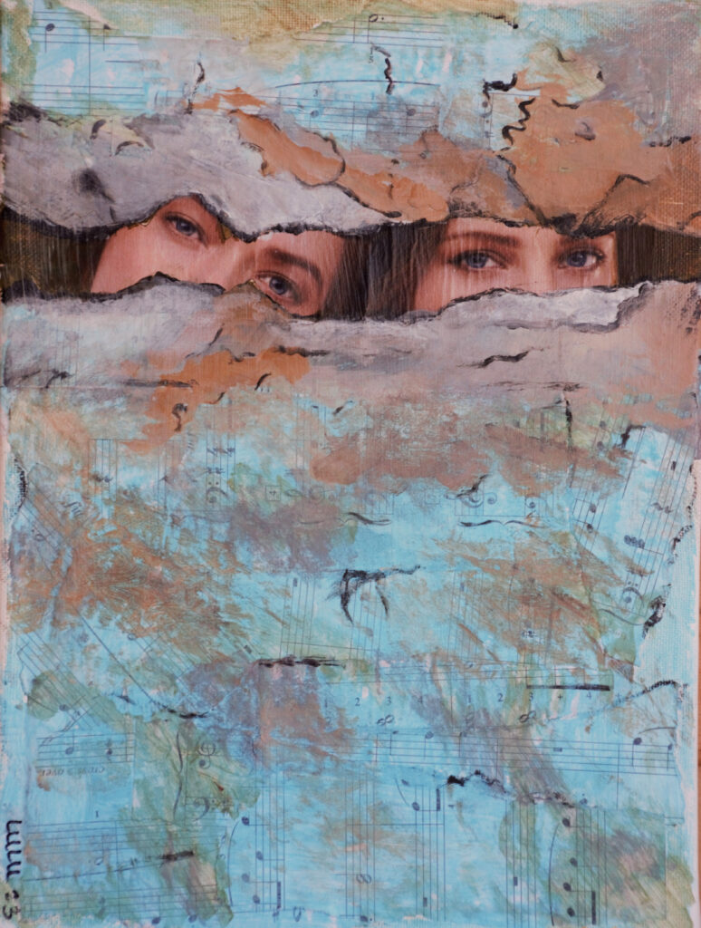 Mixed media collage and acrylic paint of two hidden women behind peeling paint
