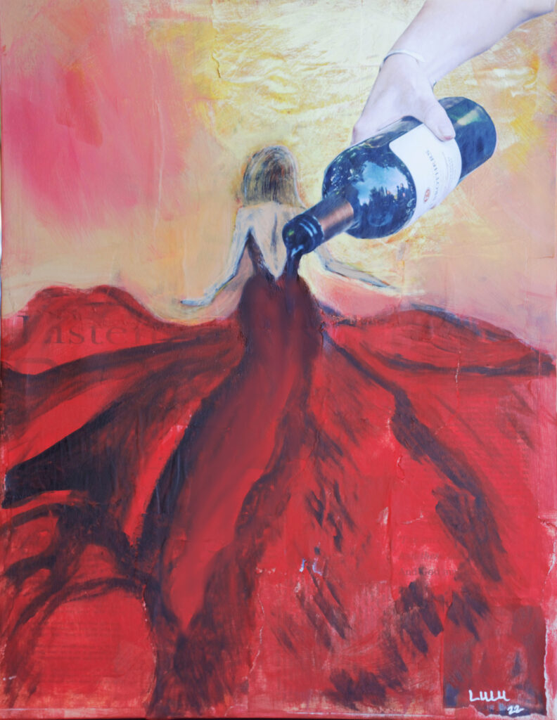 mixed media art, collage and painting of woman in red dress with red wine pouring down to make the dress