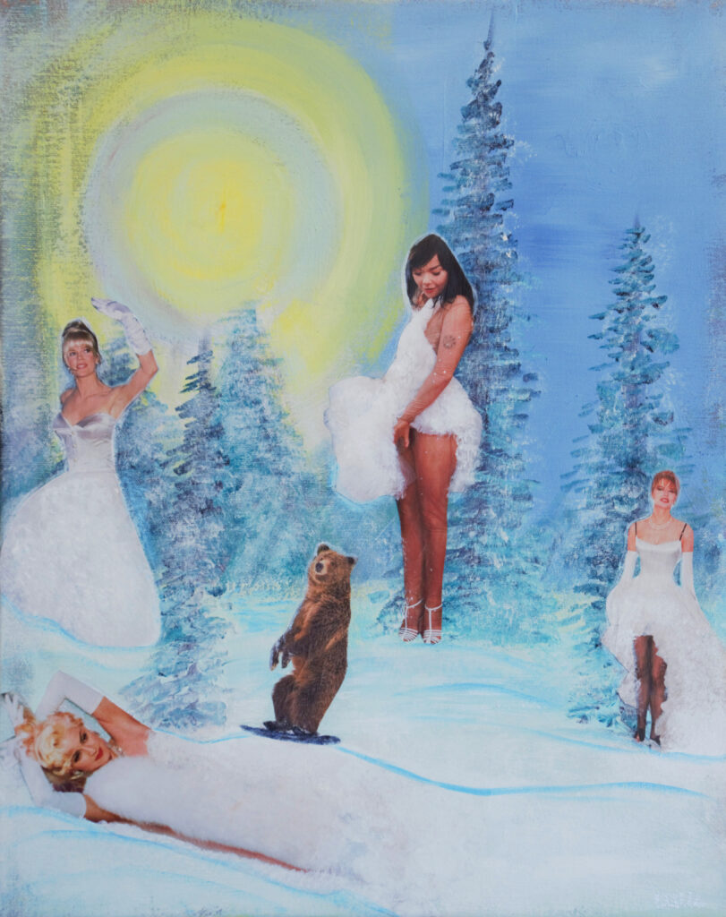 Mixed media collage and acrylic paint of women on a ski slope with a snowboarding bear